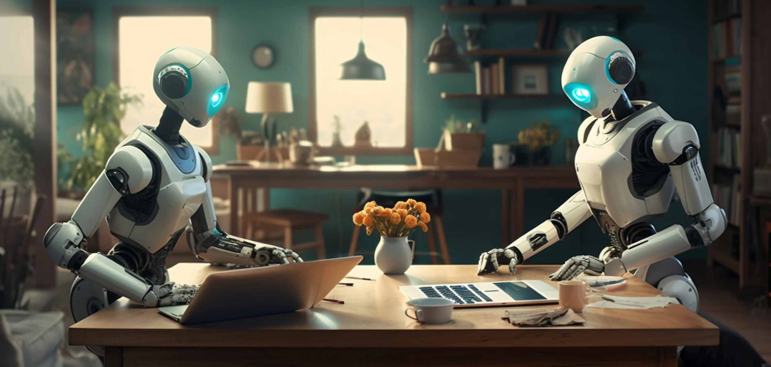 دو ربات انسان‌نما با ظاهر سفید و چشم‌های آبی درخشان، در حال کار با لپ‌تاپ روی میز چوبی در اتاقی روشن و دنج