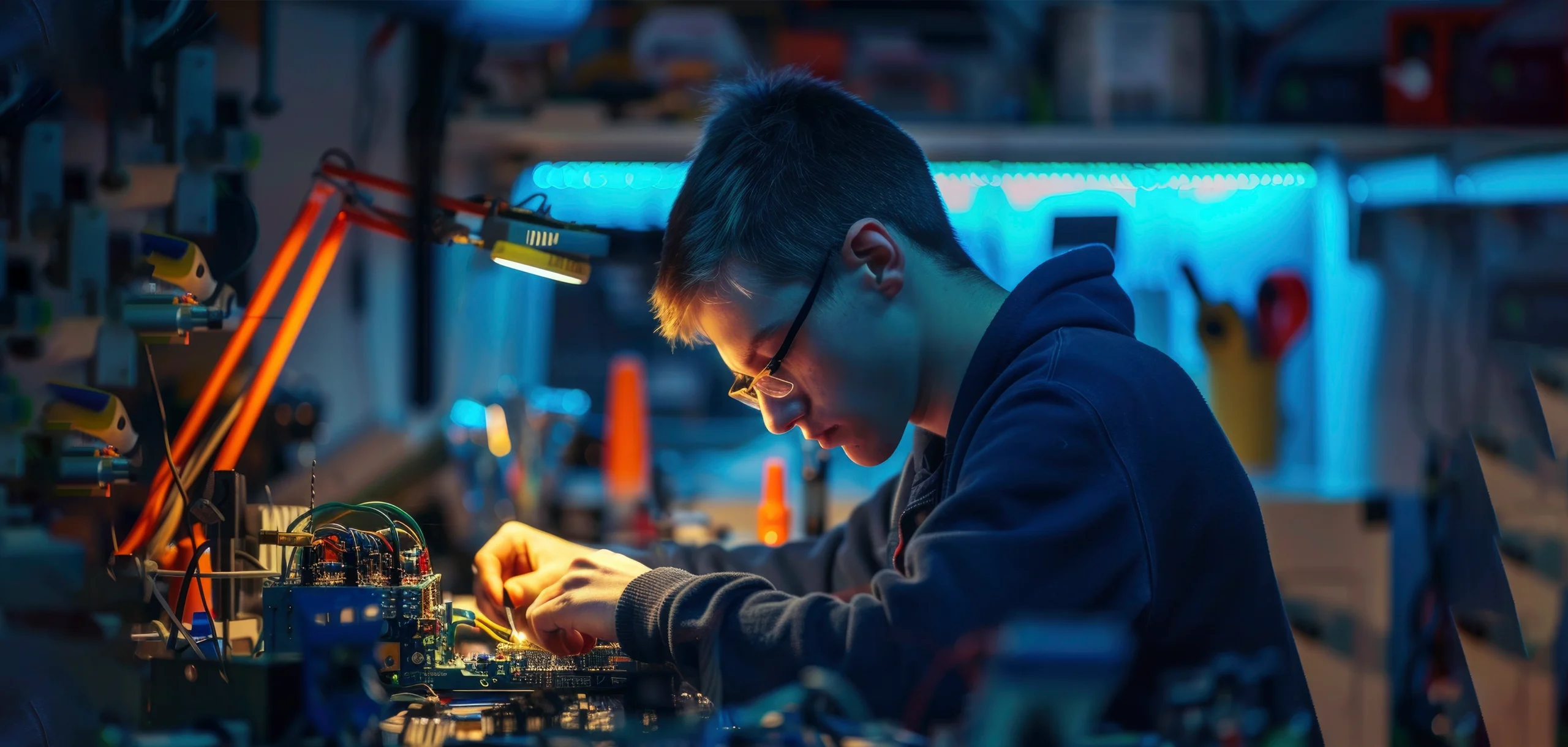 دانش‌پژوه در حال کار روی برد الکترونیکی در محیط آموزشی دوره رباتیک